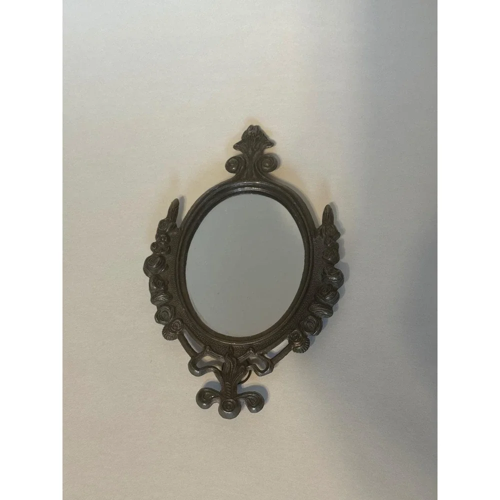 Vintage Italian Brass Ornate Oval Wall Mirror Floral Baroque Made in Italy 6.5